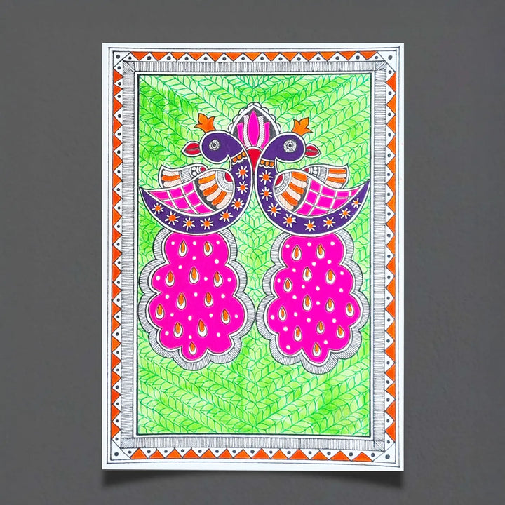 8 x 5 Inch | Symphony In Pink & Green | Original Hand Painted Madhubani Painting On Paper