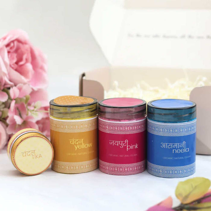 Rang-Otsav Grandeur Box | Includes 1 Organic Yellow Gulaal, 1 Organic Pink Gulaal, 1 Organic Blue Gulaal, 1 Chandan Tika, 1 All Things Nice Gift Box