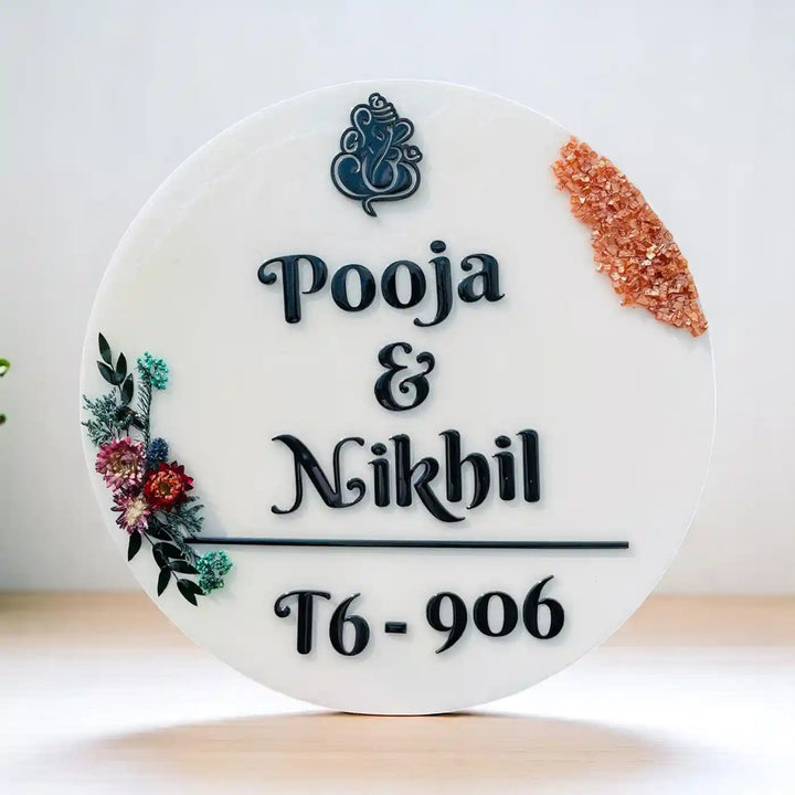 Personalized Handmade Round Floral Design Resin Name Plate