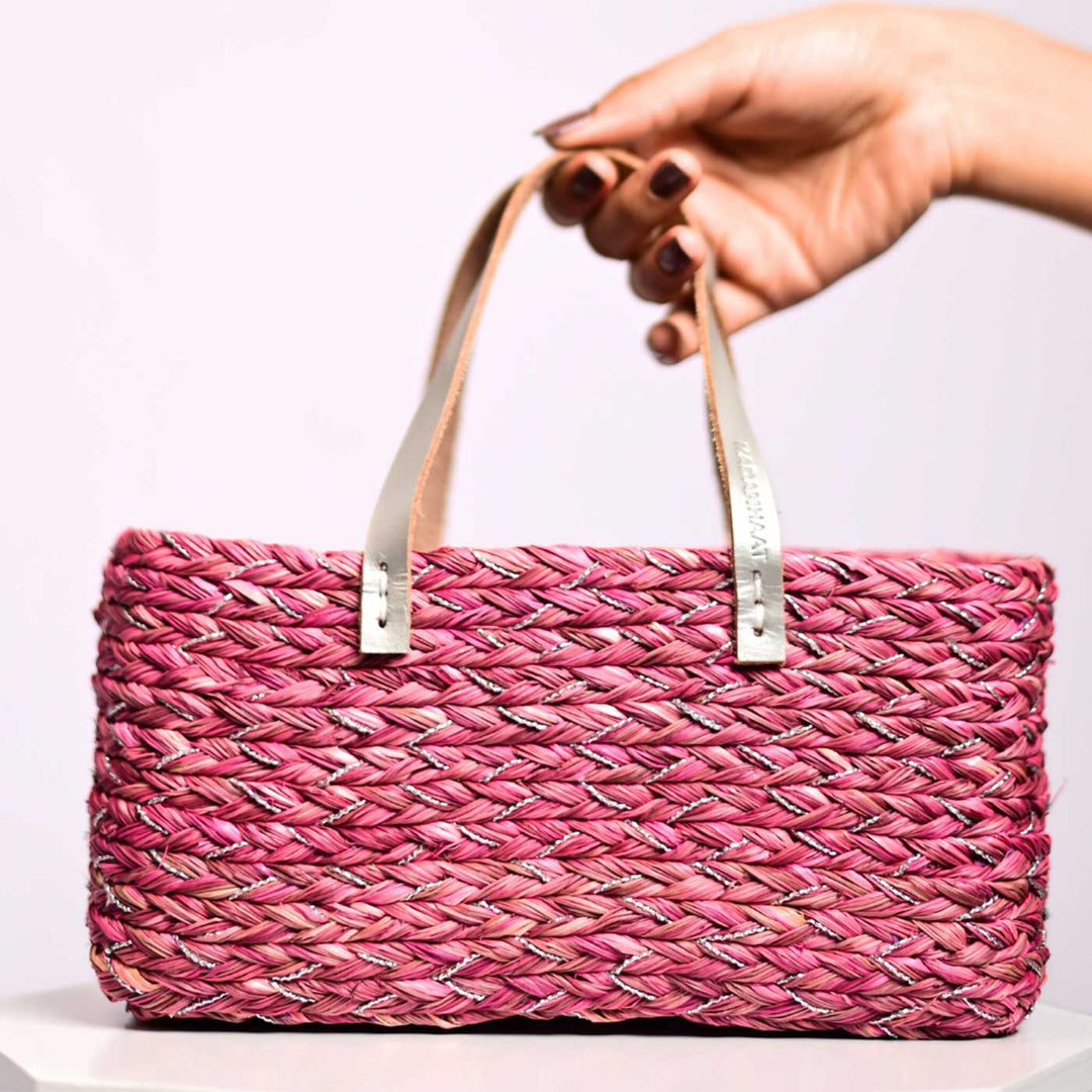 Handmade Grass Woven Blush Braided Flat Strap Sabai Mesh Handbag
