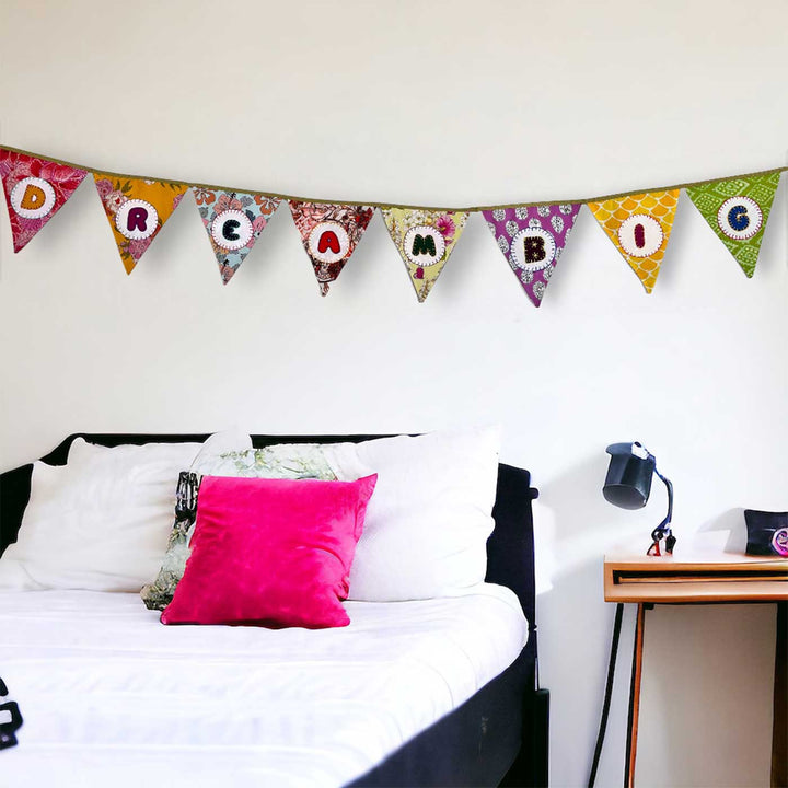 Handmade Multicolored "Dream Big" Upcycled Fabric Bunting