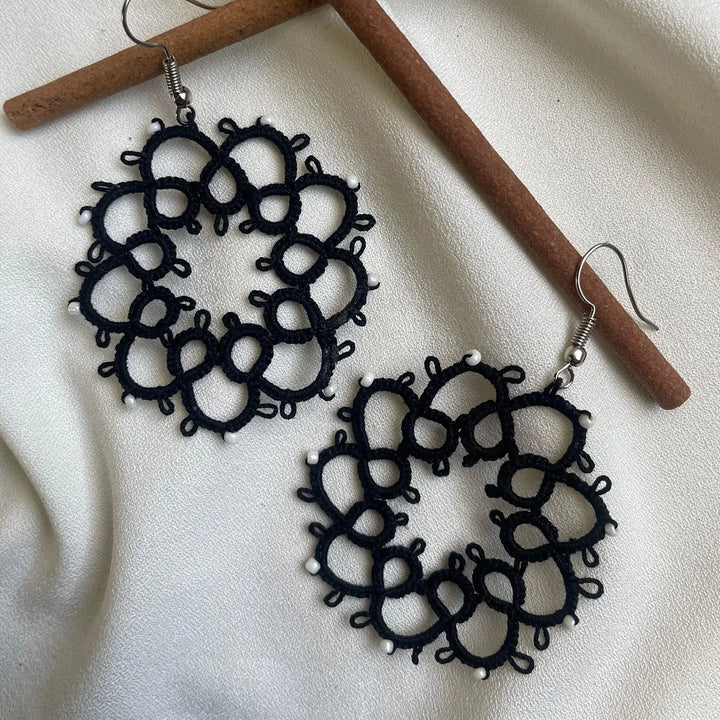 Handmade Tatting Black Atomic Inspired Cotton Lace Earrings