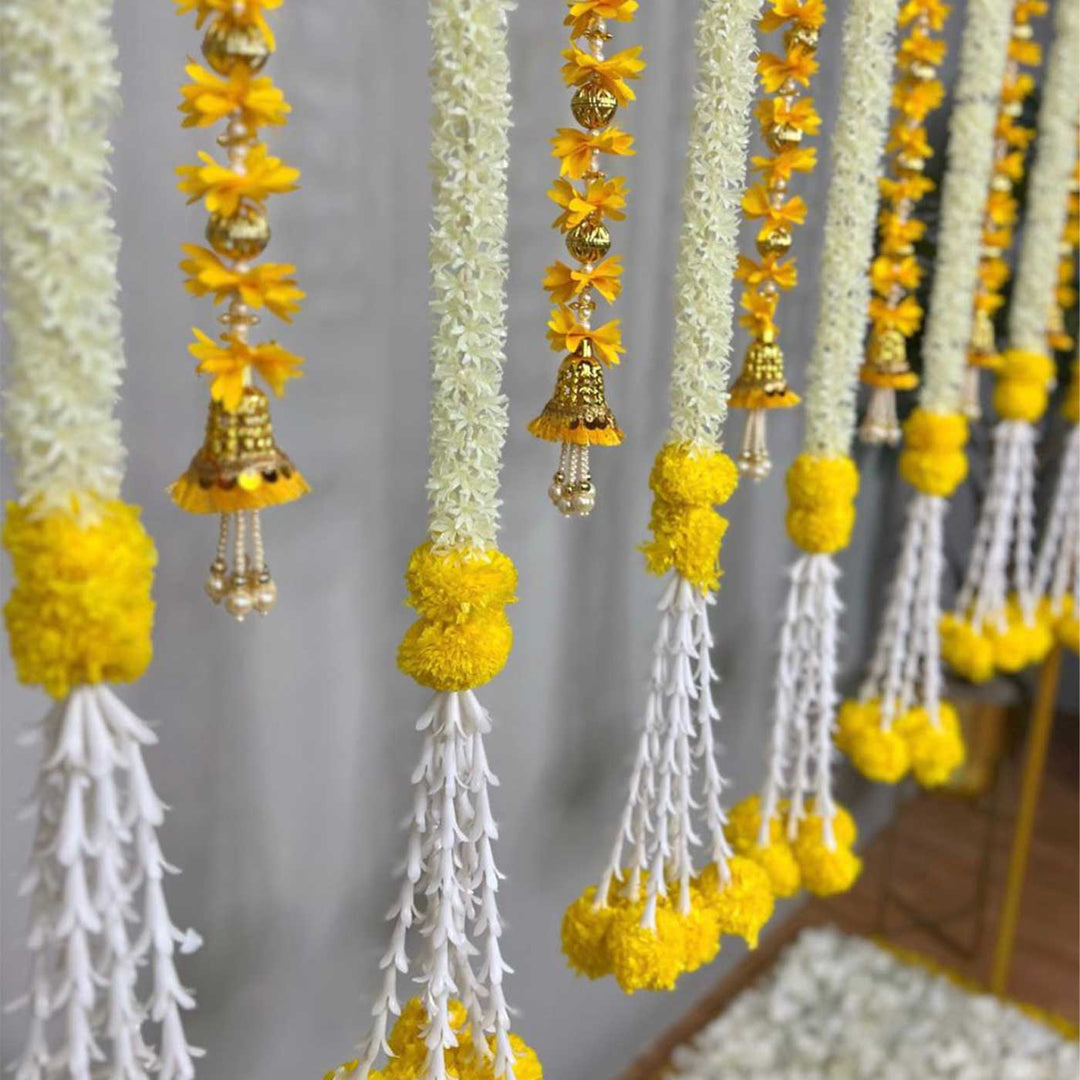 Yellow Tassel & Jasmine-Marigold Garland Backdrop Decor Kit With Stand