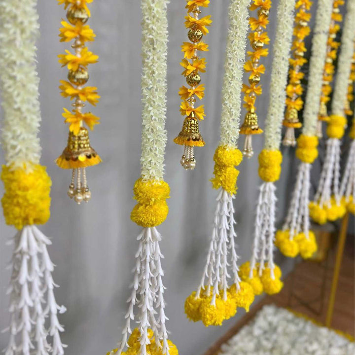 Yellow Tassel & Jasmine-Marigold Garland Backdrop Decor Kit With Stand