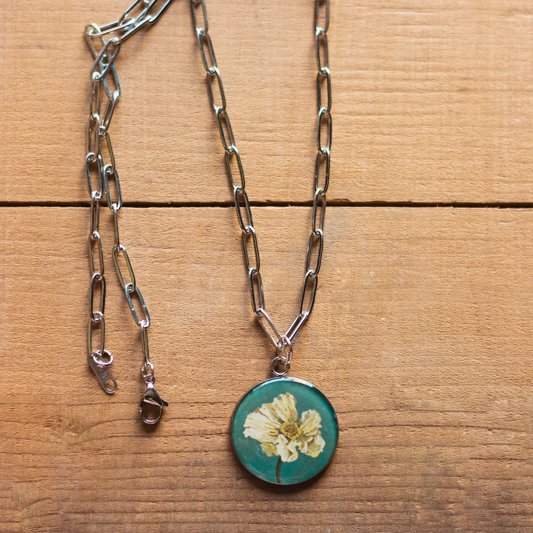 Illustrated White Poppy Flower Design Resin & Stainless Steel Necklace