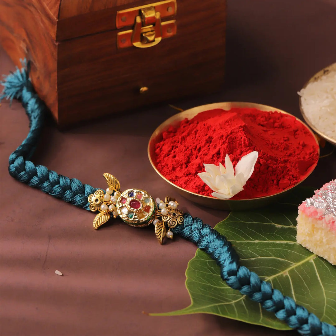 Handmade Navratna Stone Rakhi With Roli Chawal