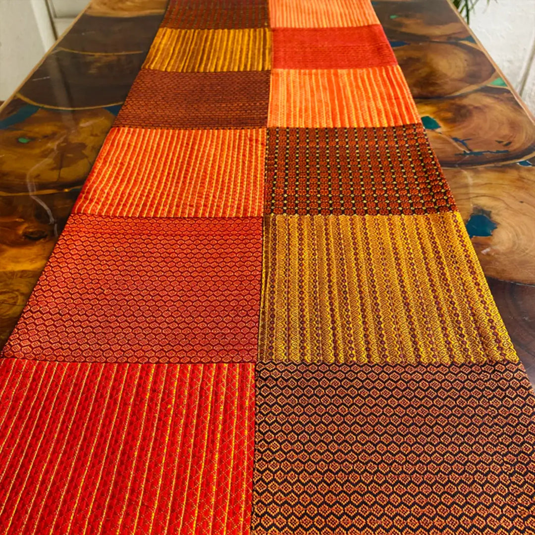 Handmade Orange Geometry Design Khunn Fabric Cotton Table Runner | 12 x 60 Inch