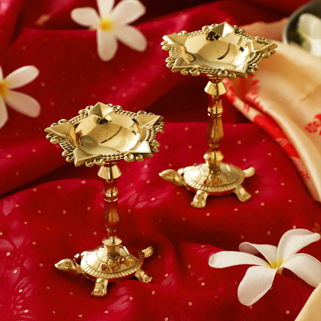 2 pc | Turtle Base Brass Kurma Oil Lamp With Tall Stand For Festive Decor