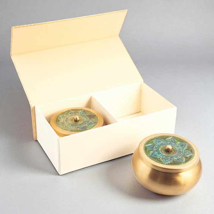 Hand-Painted Vrinda Kuliya Brass Gift Hamper | Includes 2 Containers And 1 Gift Box