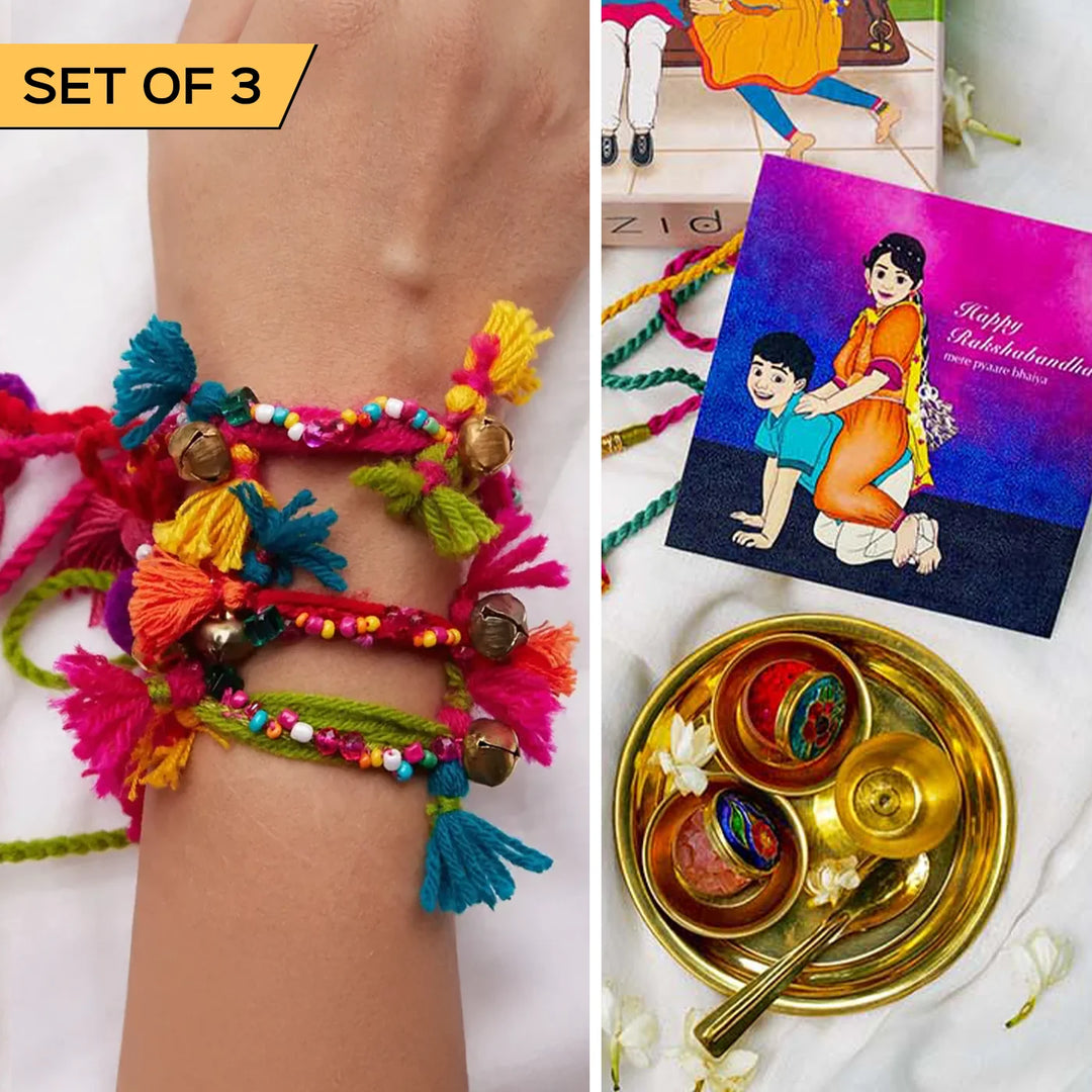 3 pc Rakhi + Brass Thali Set | Premium Zooni Beads & Tassels Rakhi Set with Roli Chawal