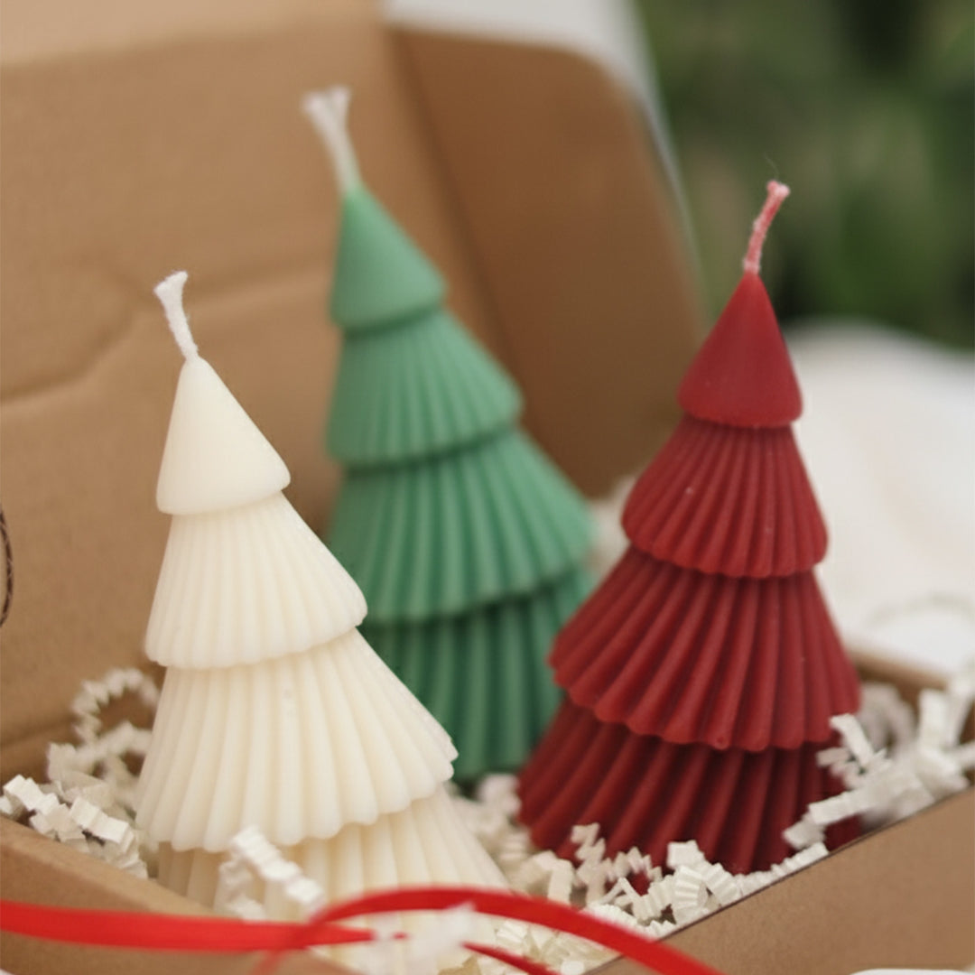 3 Pc | Handmade White, Red & Green Tiered Christmas Tree Soy Wax Candles