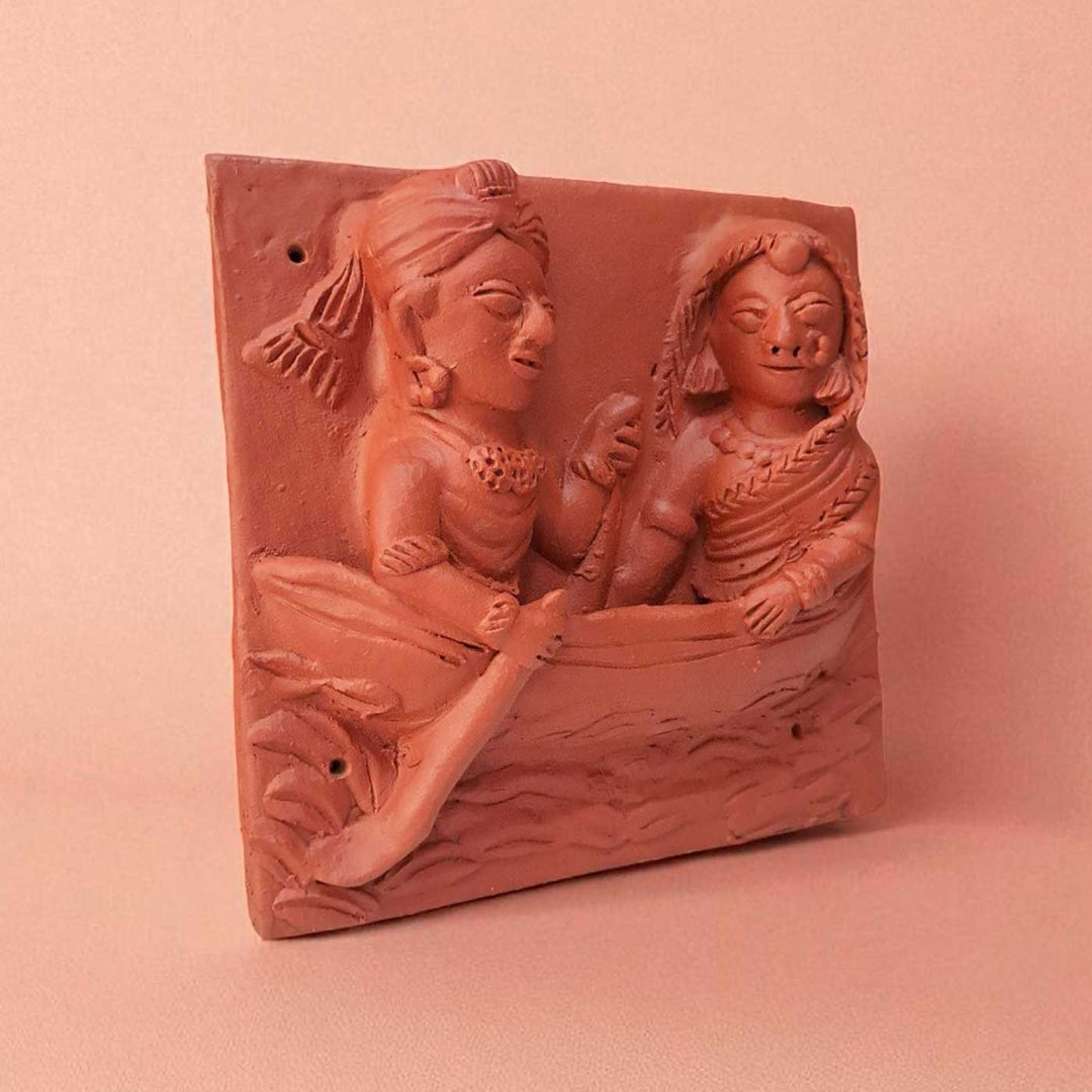 9 x 9 Inch | Couple In Boat | 3D Handmade Terracotta Molela Mural Wall Art Tile