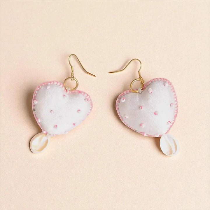 Handmade Textile Art Heart Shaped Dupion Silk Fabric Earrings