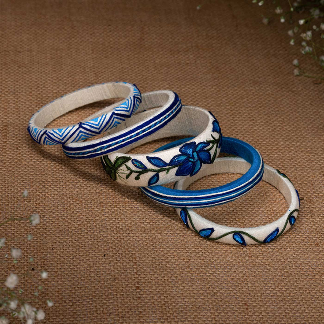 White & Blue Handcrafted Orchid Bangles | Set of 5