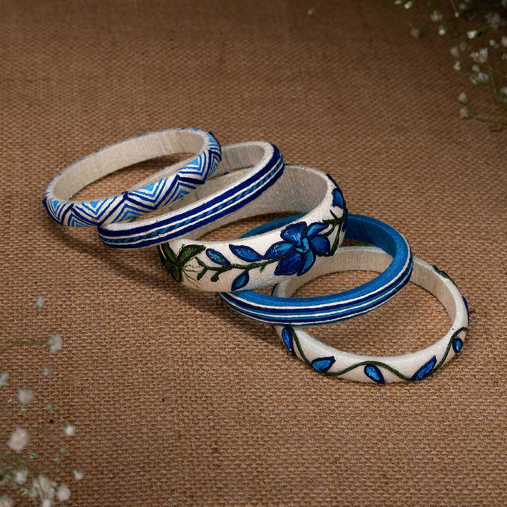 White & Blue Handcrafted Orchid Bangles | Set of 5