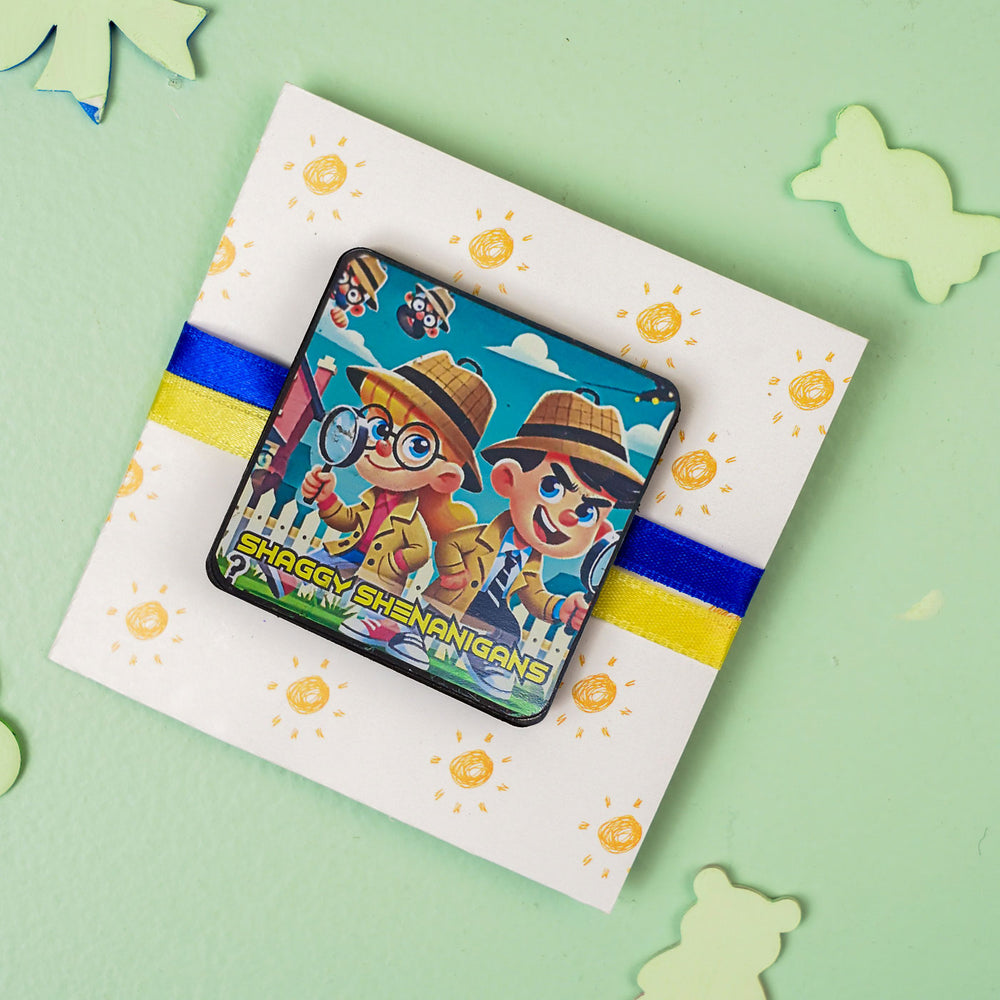 Handmade Reusable Shananigans Mdf Wood Rakhi With Roli Chawal For Siblings - Top View with Gift Wrap