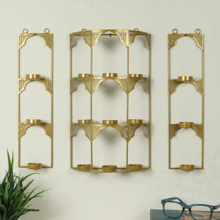 Set of 3 | Handmade Rectangular Etched Wall Mounted Metal Tealight Holders For Festive Decor