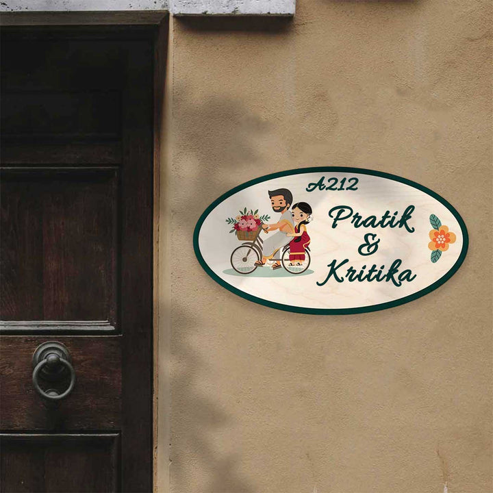 Personalized South Indian Couple Theme Mdf Wood Name Plate