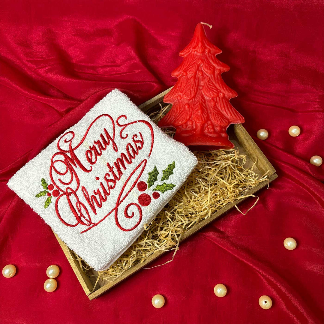 Personalized Merry Christmas Embroidered Towel & Candle Hamper | Secret Santa Gift Ideas | Set Of 3