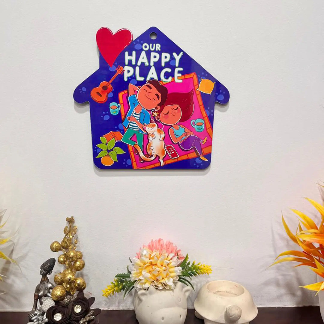 Printed Cat Theme "Our Happy Place" MDF Wood Wall Decor