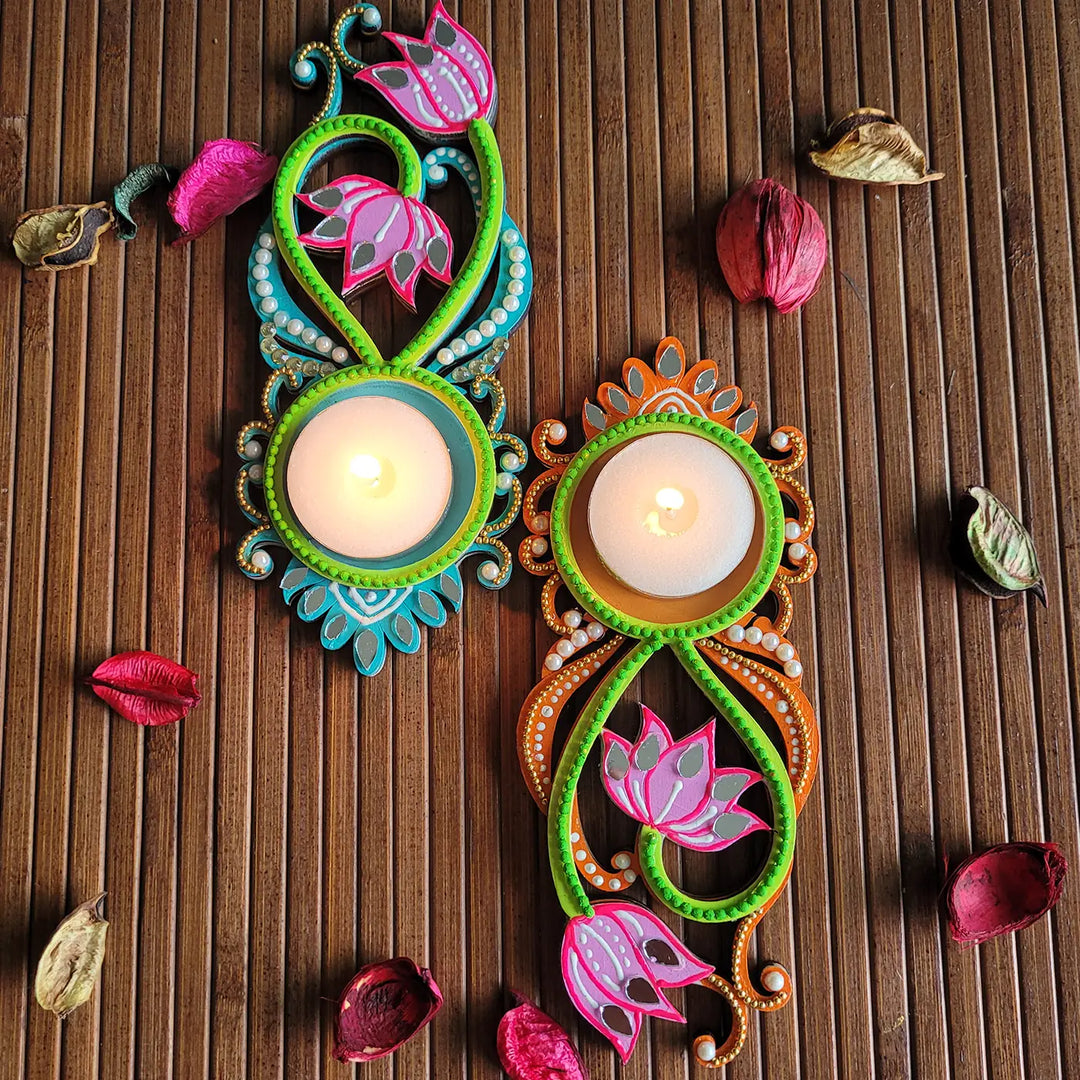 Hand-Painted Decorative Lotus MDF Wood Tealight Holder