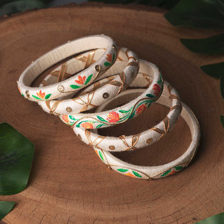 Off White Handcrafted Floral Sequin Bangles | Set of 5