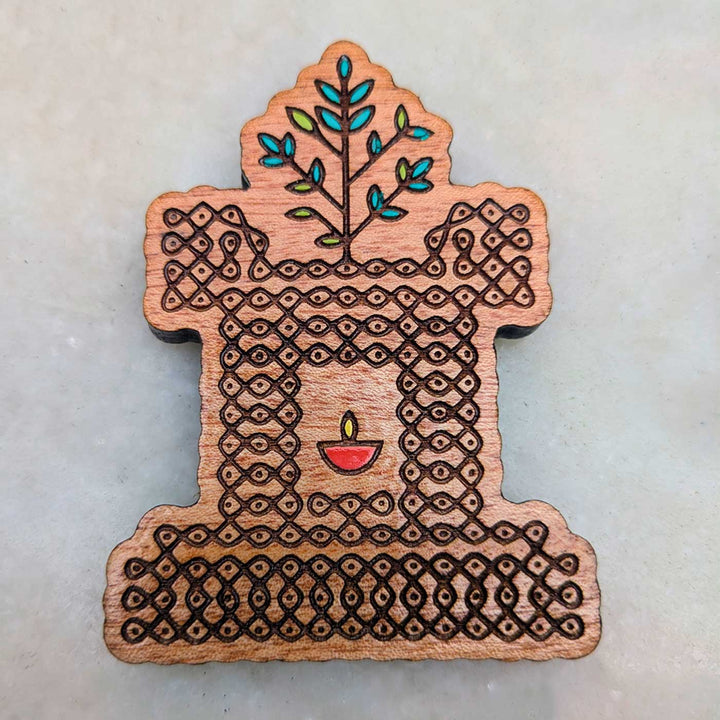 Engraved & Hand-Painted Thulasi Maadam-Inspired Kolam Mahogany Wood Fridge Magnet
