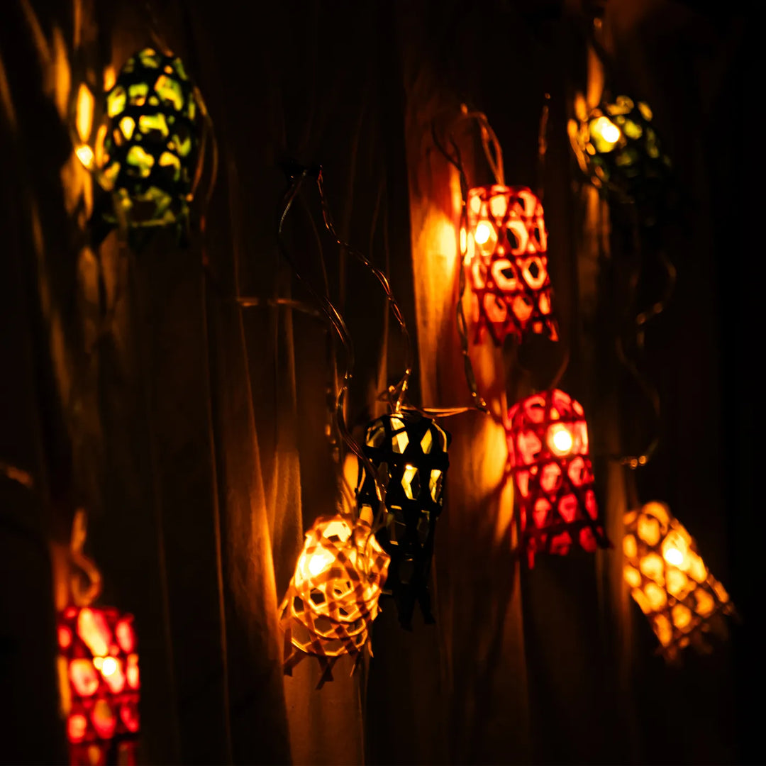3m, 10 Bulbs | Multicoloured Bell Eco-Friendly Handmade Woven Bamboo LED Fairy Light