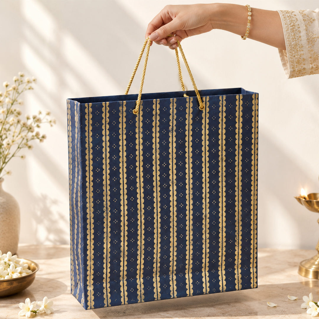 "Lace" Handmade Golden Screen Printed Medium Paper Bag For Festive Gifting