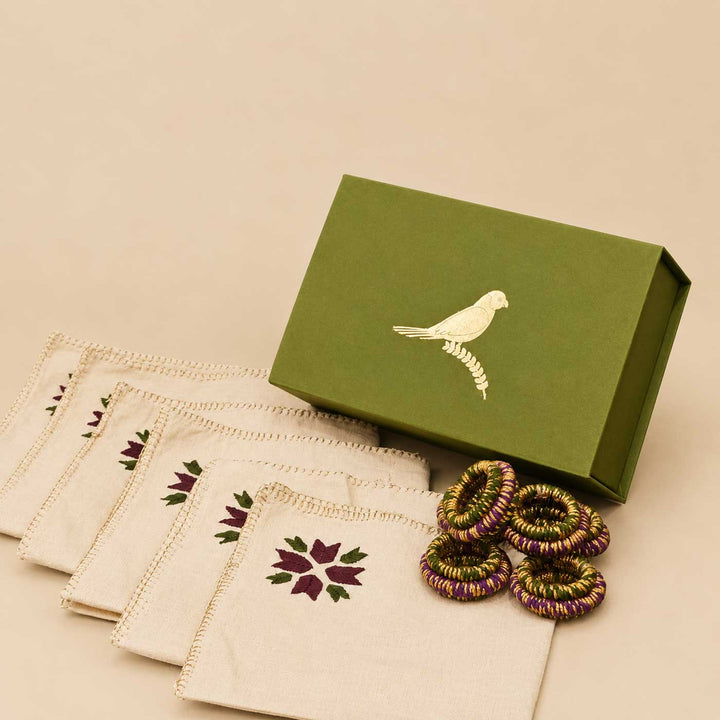 Purple And Green Phulkari Diwali Embroidered Napkin Set Mini Gift Hamper For Festive Gifting