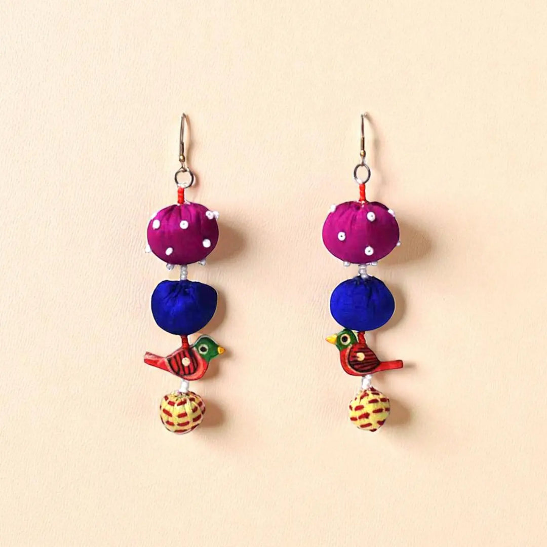Handmade Textile Art Parrot Charm Dupion Silk Fabric Earrings