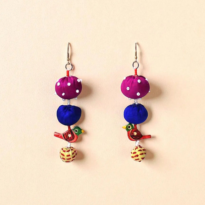 Handmade Textile Art Parrot Charm Dupion Silk Fabric Earrings