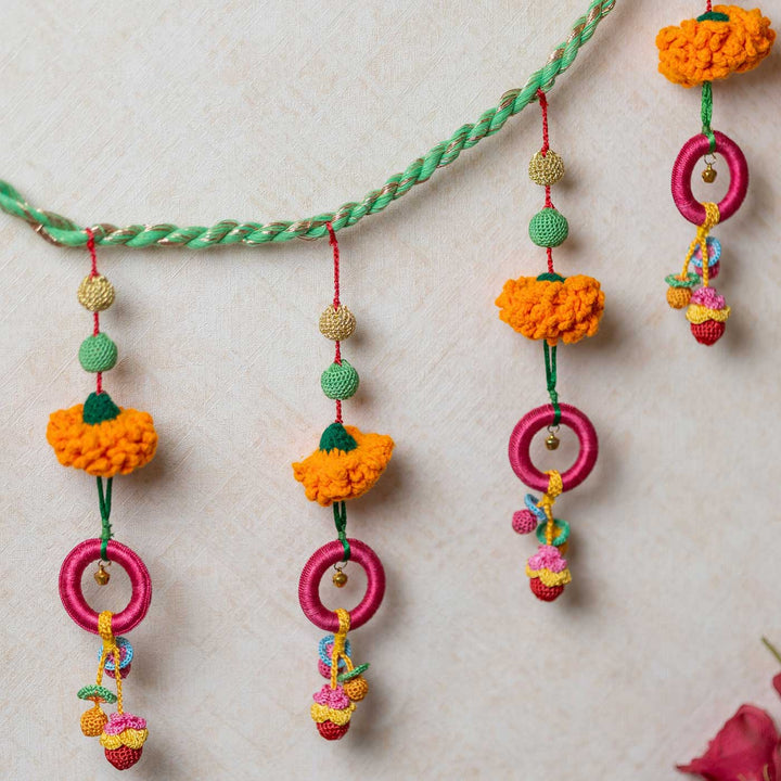 49 Inch | Intricate Realistic Crochet Marigold Pink Rings Design Cotton Toran