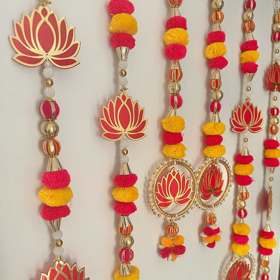 6 Pc | Handmade Decorative Pom Pom & Lotus MDF Hangings With Bangle Accents