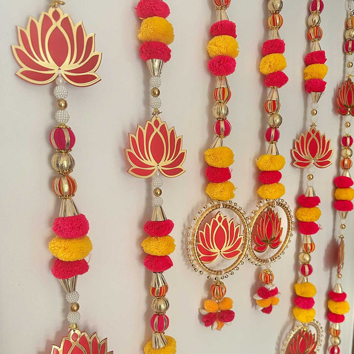 6 Pc | Handmade Decorative Pom Pom & Lotus MDF Hangings With Bangle Accents