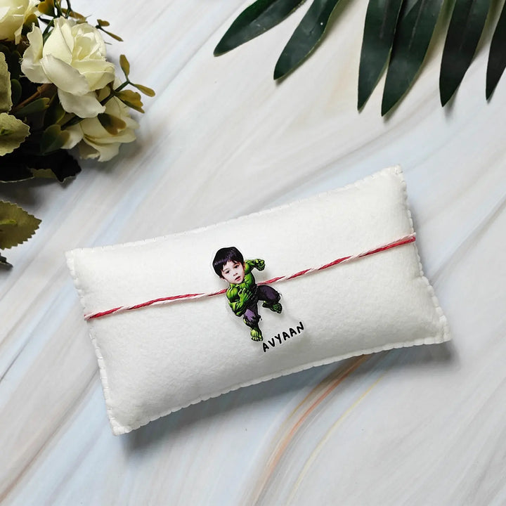 Photo Personalized Reusable Caricature Hulk Theme Acrylic Kids Rakhi