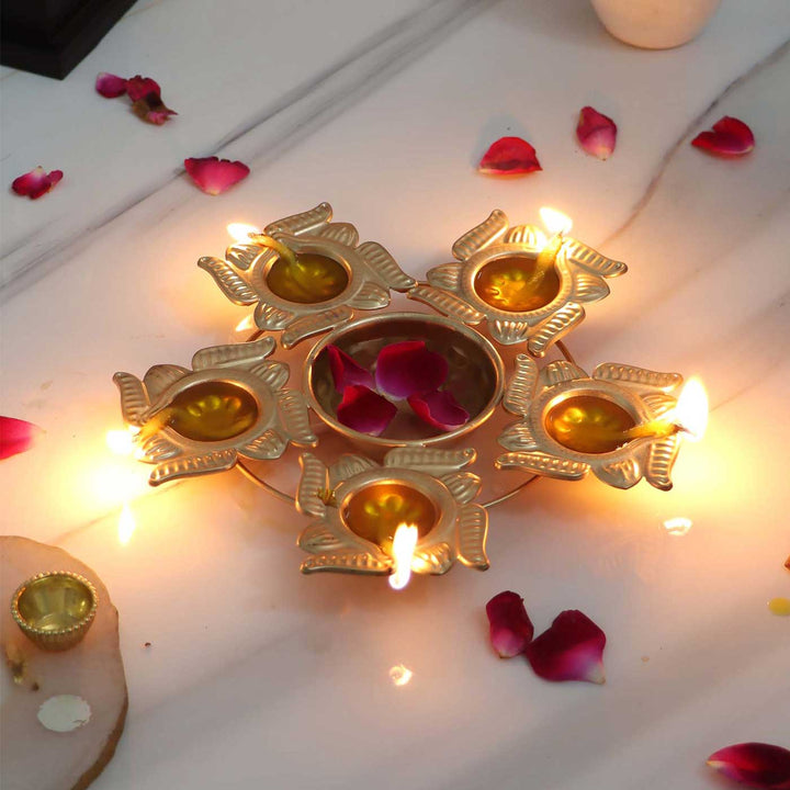 Handmade Etched Swastik Urli With 5 Diya Round For Festive Decor