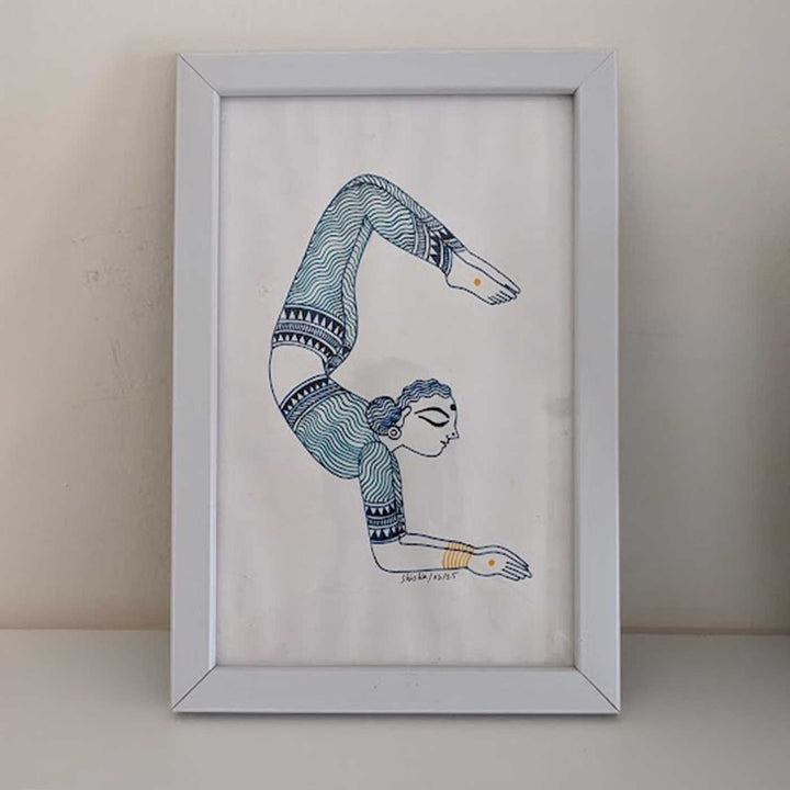 6 x 9 Inch | Vrischikasan Yoga Pose | Minimalist Black & White Mudhubani Style Line Drawing With Frame