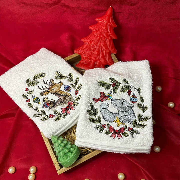 Personalized Reindeer,Chipmunk, Polar Bear And Cardinal Embroidered Towel & Candle Hamper | Xmas Gifting Ideas | Set Of 5