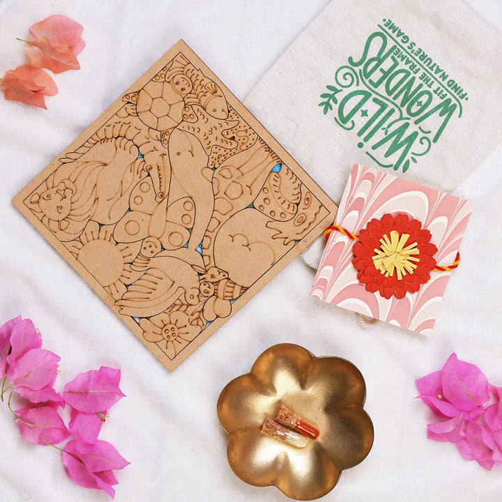 Eco-Friendly Festive Rakhi Hamper | Includes 1 Puzzle, 1 Rakhi, 1 Roli Chawal & 1 Greeting Card