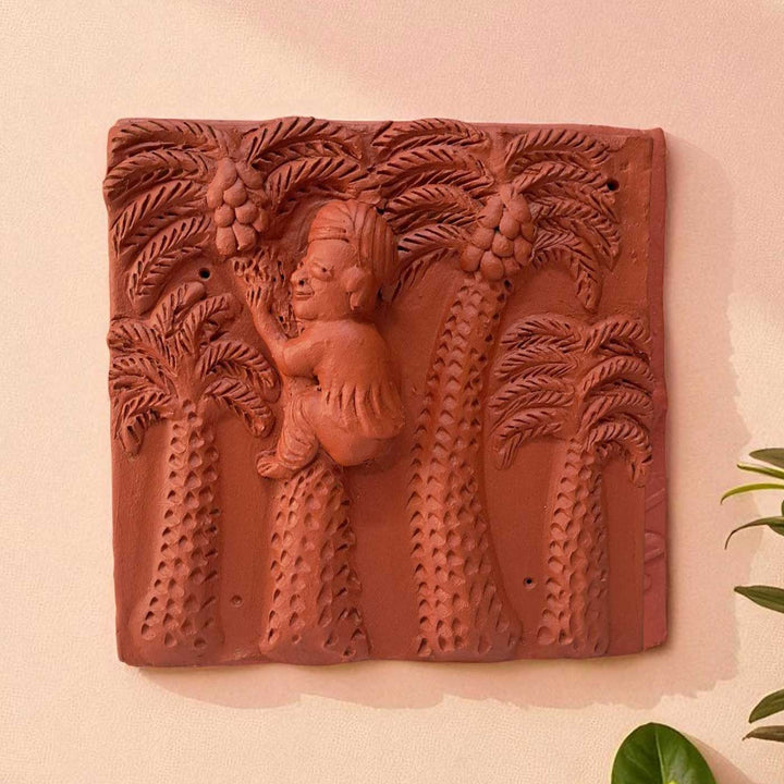 9 x 9 Inch | Coconut Vendon In Tree | 3D Handmade Terracotta Molela Mural Wall Art Tile