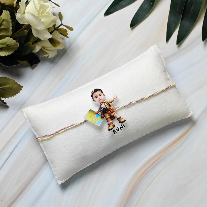 Photo Personalized Reusable Caricature Adventurous Kid Theme Acrylic Rakhi