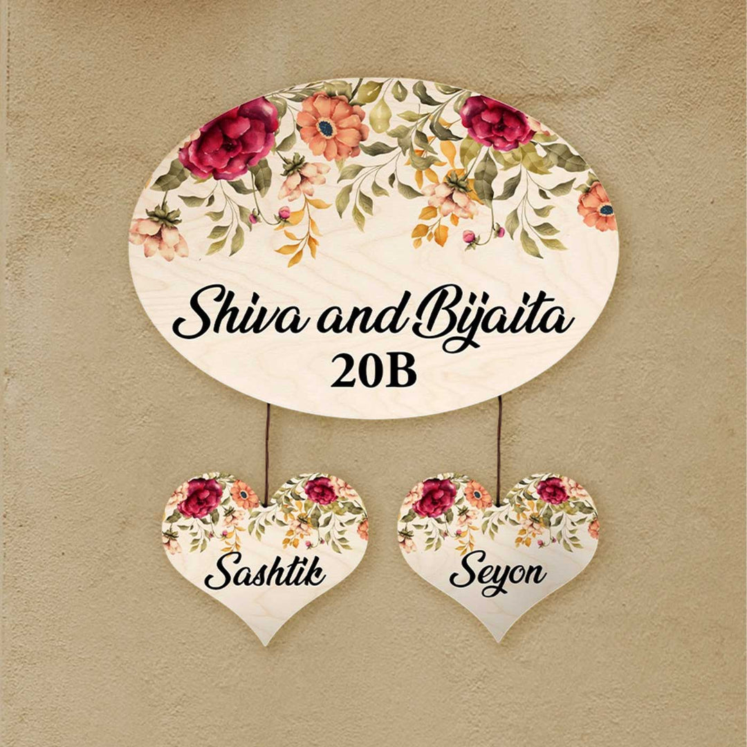 Printed Red & Orange Floral Wooden Oval Nameplate For Family