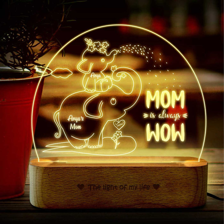 Personalized Elephant Theme "Mom Is Always Wow" Engraved Acrylic Lamp For Mothers