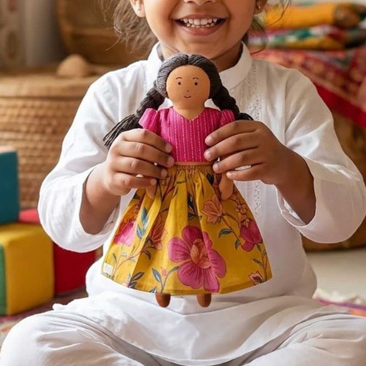 Nilah in Pink & Mustard Dress With Changeable Outfits | Soft Hand-Stitched Sustainable Indian Play Doll