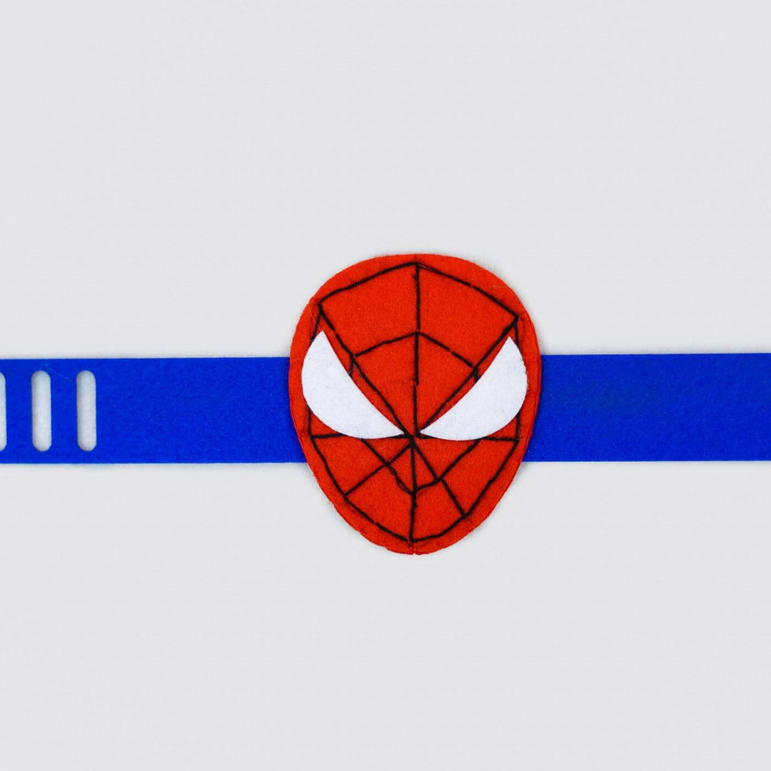 Kids Theme Felt Rakhi Band With Roli Chawal 4 - Front view of Spiderman wristband