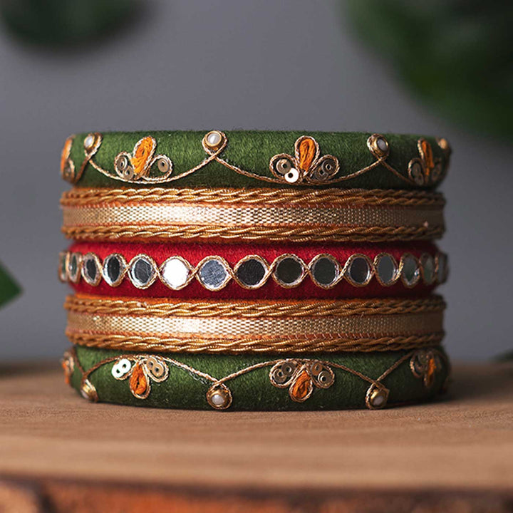 Green & Red Handcrafted Gotta Patti & Mirror Work Bangles | Set of 5