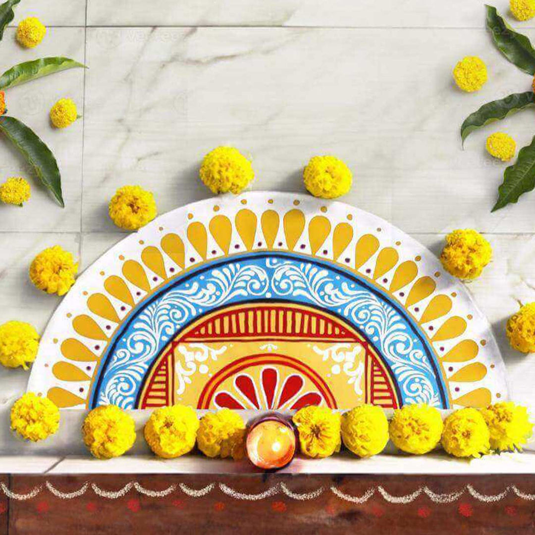 9.5 x 22.5 inch | Hand-Painted Saanjh Semicircle Canvas Reusable Rangoli Mat