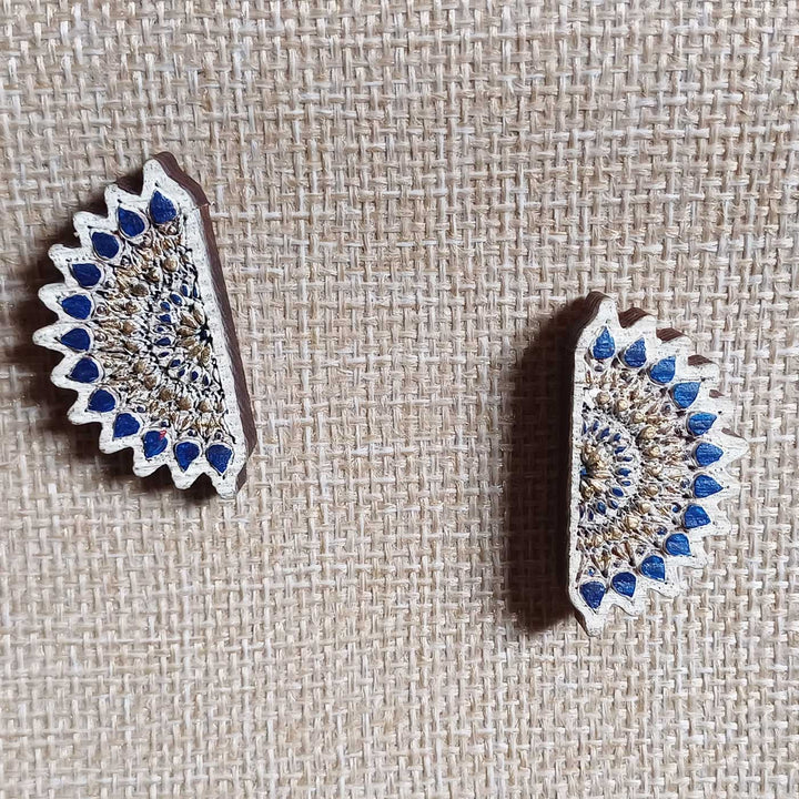 Handmade Blue Sun Design Wooden Earrings