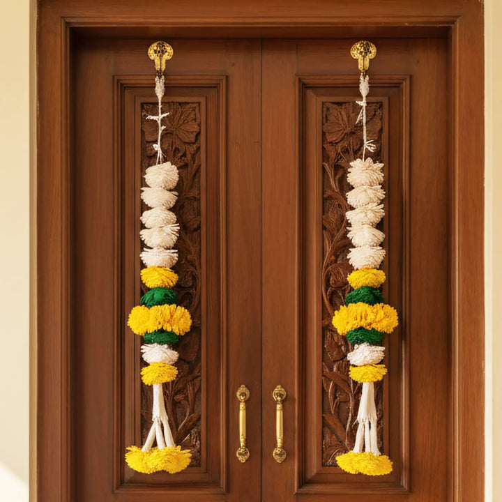 Handmade Divine Bloom White & Yellow Shola Flower Hanging | Set Of 2